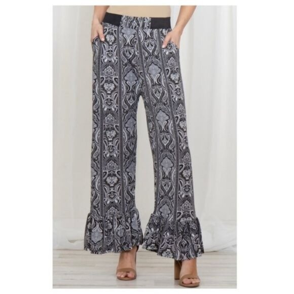 Boho Wide Leg Ruffle Hem Pants W/Elastic Waist & Pockets Black/White Paisley -OS - Picture 2 of 6